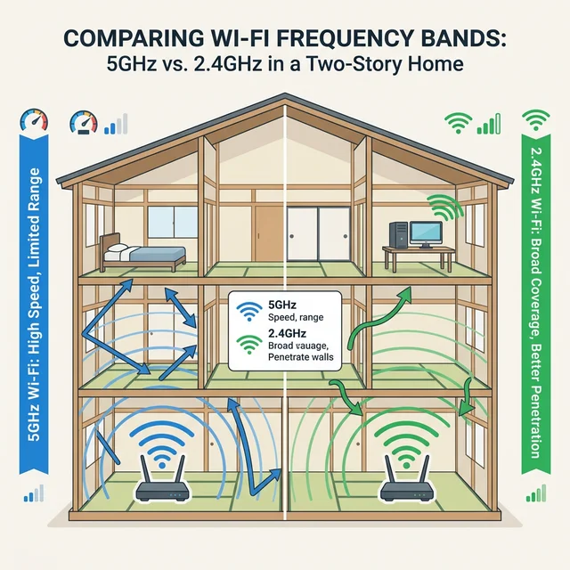 5GHz帯と2.4GHz帯の電波到達範囲の違いを示す家屋断面図
