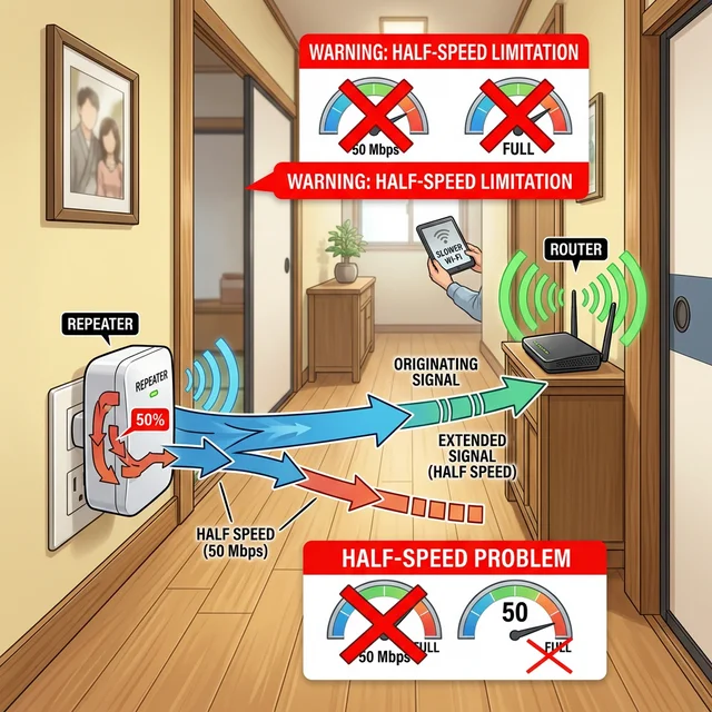 Wi-Fi中継器による速度半減の問題を示すイメージ
