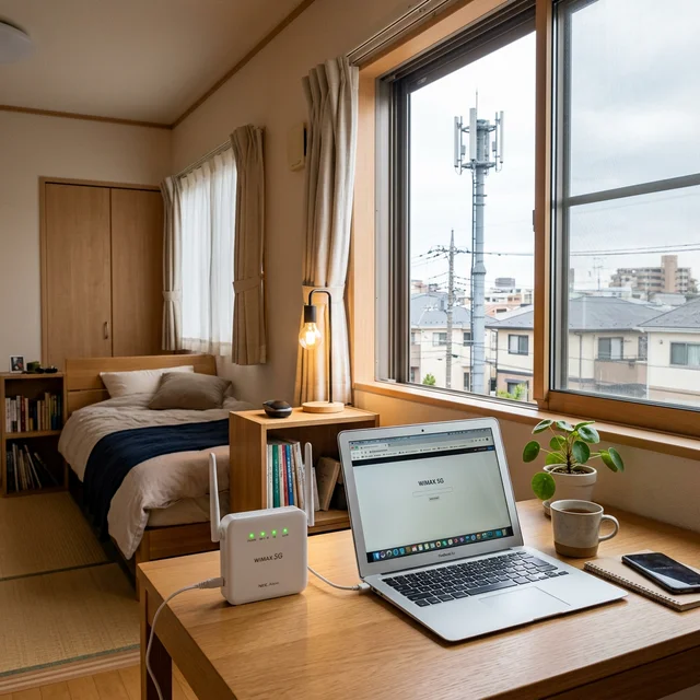 窓際に設置されたWiMAXホームルーターが基地局と直接通信する様子