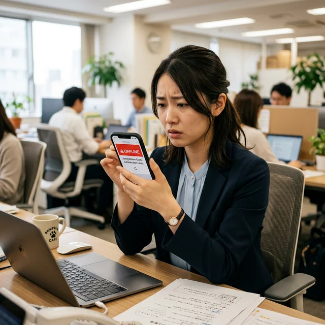 仕事中にスマホでペットカメラアプリを確認する不安そうな日本人女性