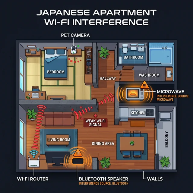Wi-Fiルーターとペットカメラの距離や障害物による電波減衰の図解