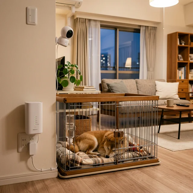 WiMAXホームルーターをペットのケージの横に設置している様子