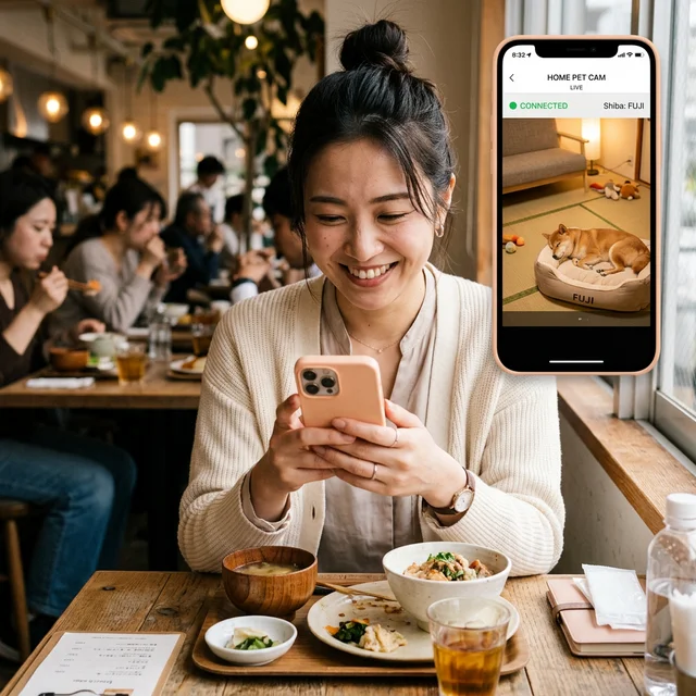 スマホでペットカメラの映像を確認して安心する日本人女性