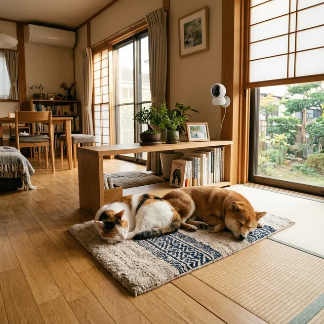 ペットカメラに見守られながら留守番する犬と猫