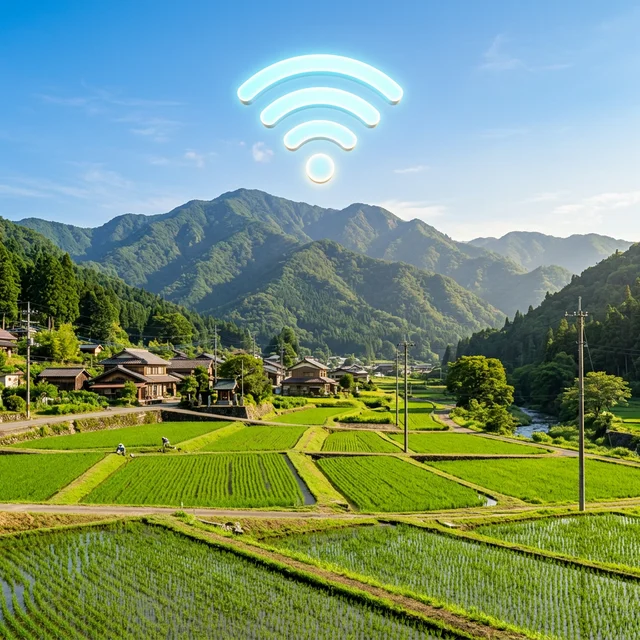 田舎の美しい風景と高速インターネット接続のイメージ