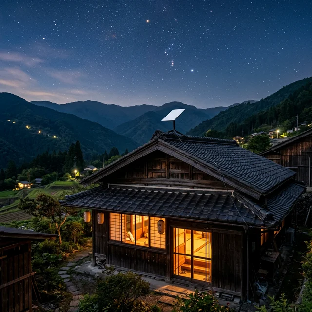 田舎の日本家屋に設置されたStarlink衛星アンテナ