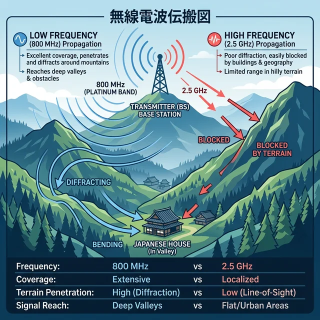 プラチナバンド800MHz帯の電波が山間部で回り込む仕組みの概念図