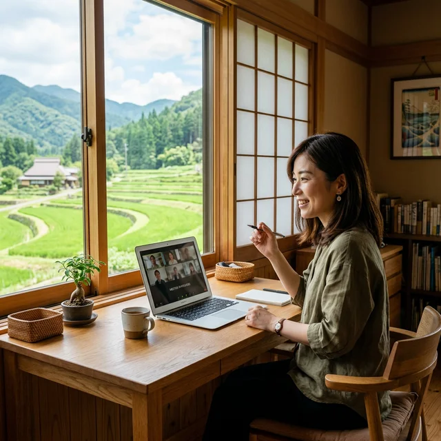 田舎の美しい景色を見ながらテレワークする日本人女性