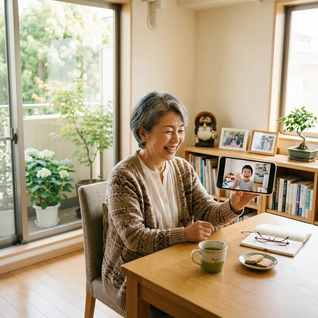 孫とビデオ通話を楽しむシニア女性