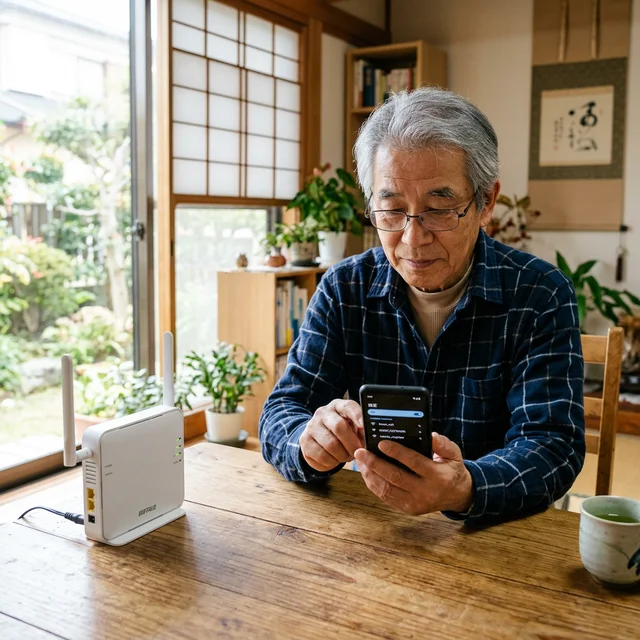 スマホのWi-Fi設定画面を操作するシニア男性