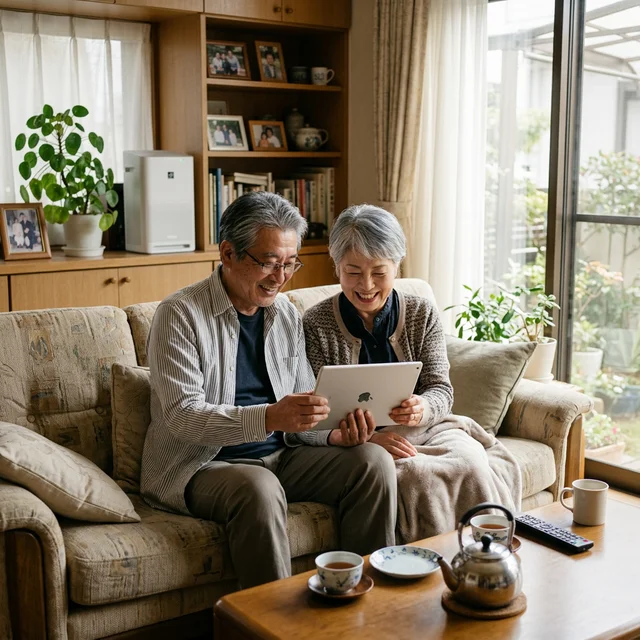 リビングでタブレットを楽しむシニア夫婦