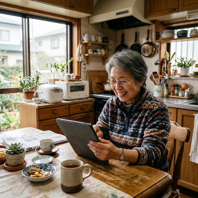 自信を持ってタブレットを使うシニア女性
