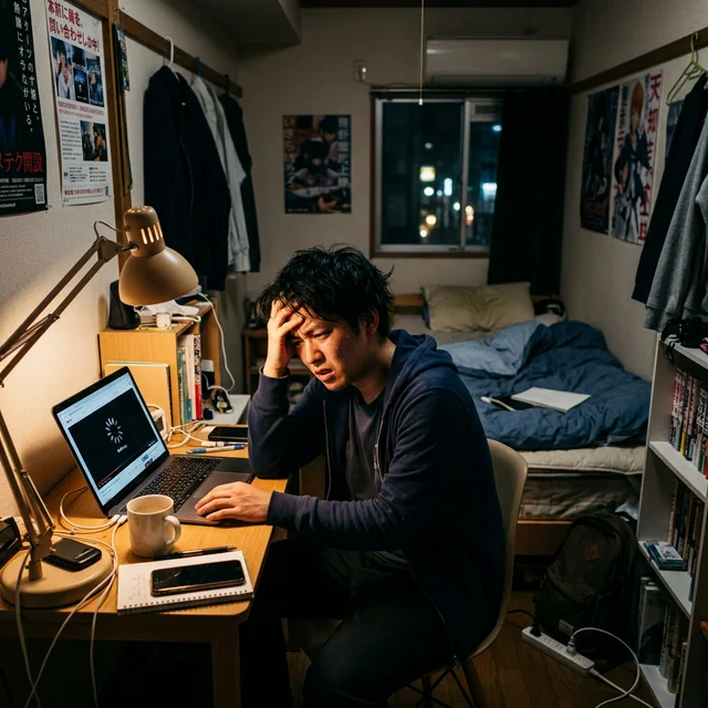 シェアハウスの部屋でWi-Fiの遅さにストレスを感じる若者