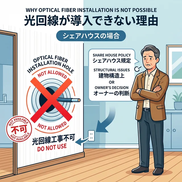 シェアハウスでの光回線工事不可を示すイメージ