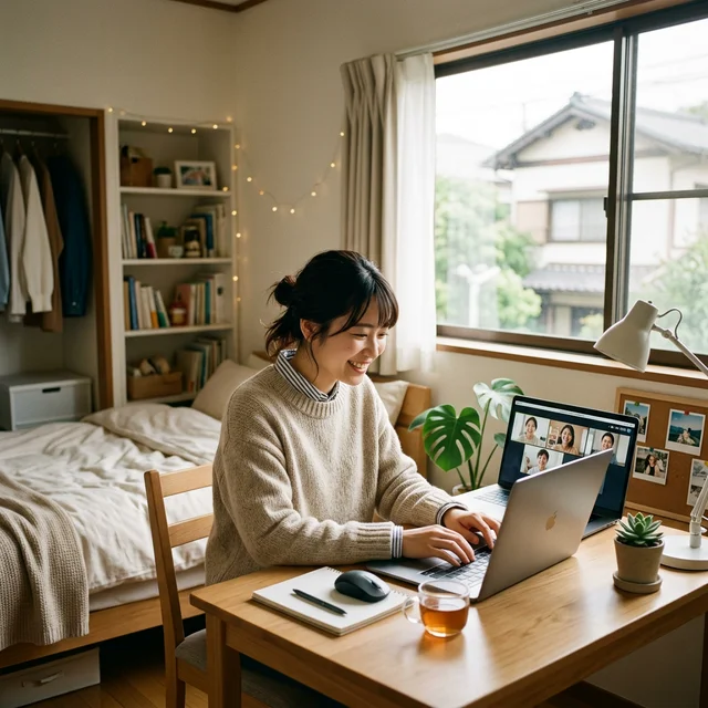 自室で快適にリモートワークする若者