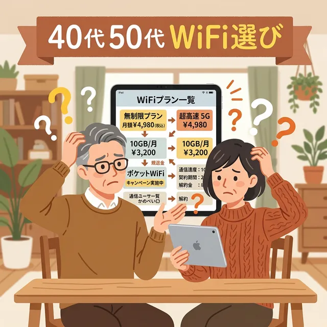 40代50代のWiFi選びに悩む夫婦のイラスト