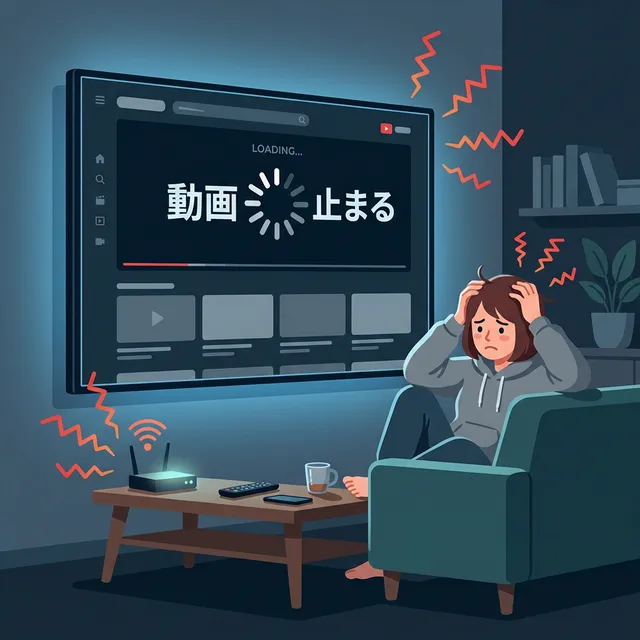 動画のバッファリングで困っている場面のイラスト