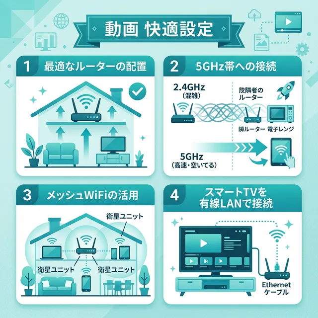 動画視聴のためのWiFi最適化設定イラスト