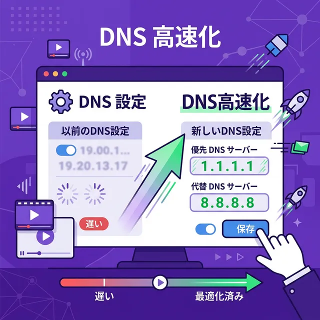 DNS設定最適化によるストリーミング高速化イラスト