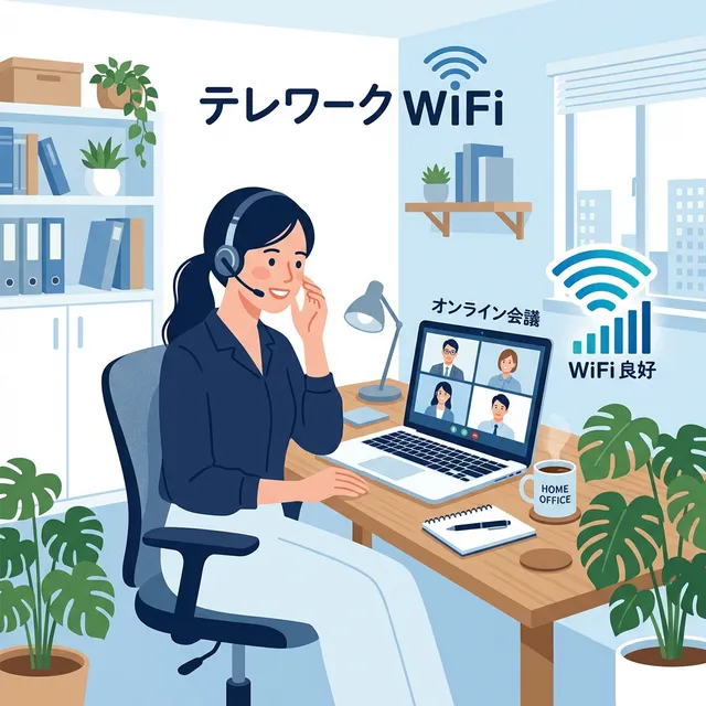 テレワーク中のビデオ会議とWiFi環境のイラスト