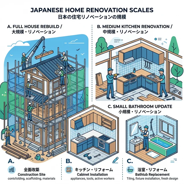 リフォーム規模別の比較イラスト：フルリノベーション、間取り変更、水回り改修
