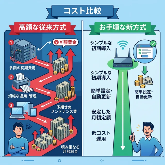 二重通信費の比較イメージ：高額な二重払いと安価なWiMAX一本化