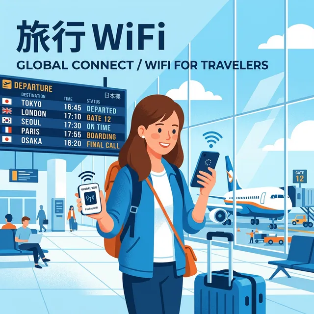空港で旅行用WiFiを確認する旅行者のイラスト