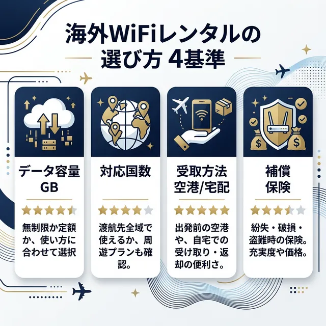 海外WiFiレンタルの選び方4基準イラスト