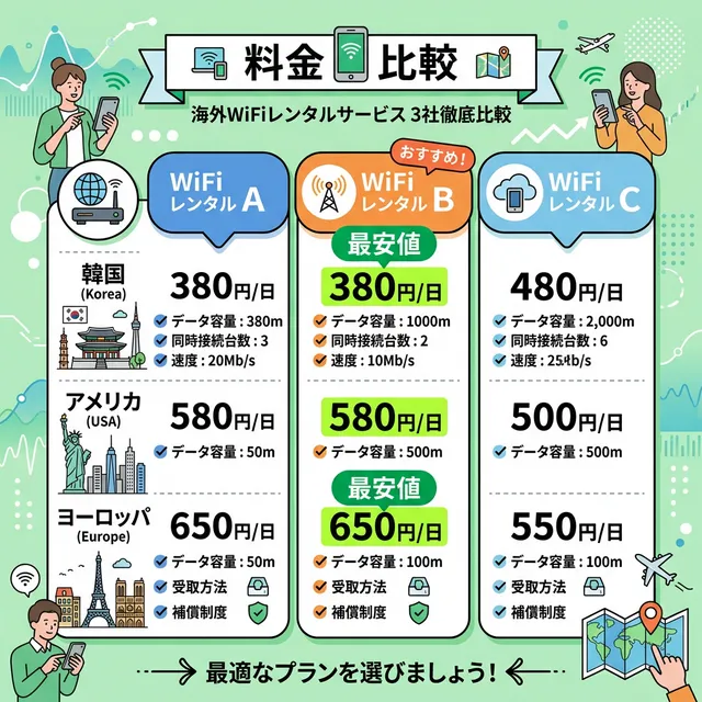 海外WiFiレンタル主要3社の料金比較イラスト