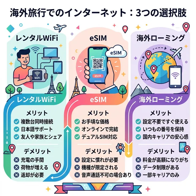 レンタルWiFi・eSIM・海外ローミングの3つの選択肢比較イラスト