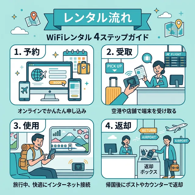 WiFiレンタルの予約から返却までの流れイラスト