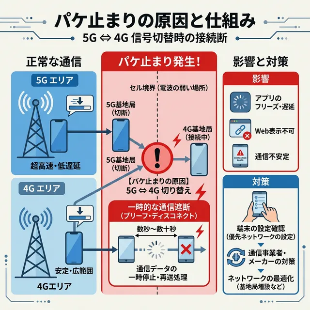 5Gのパケ止まり現象の原因を解説するイラスト