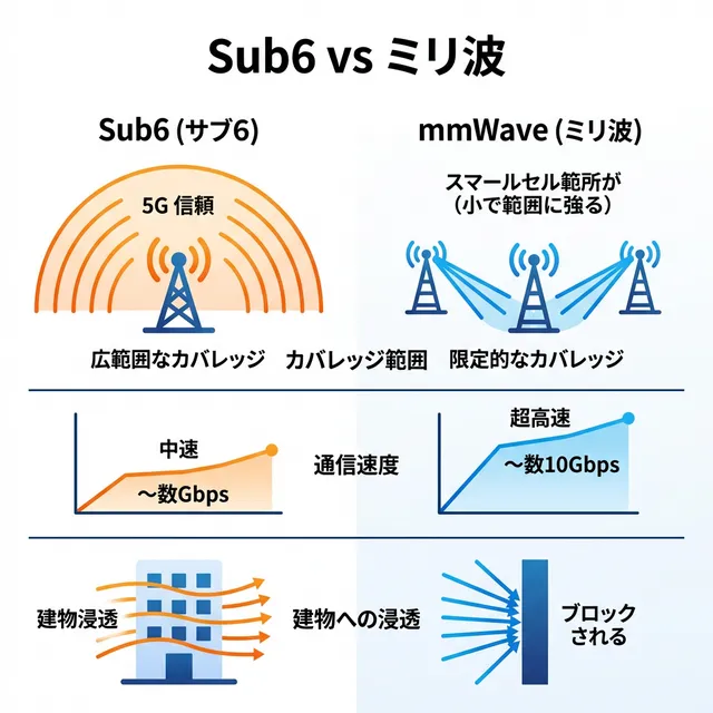 Sub6とミリ波の違いを示す技術図解イラスト
