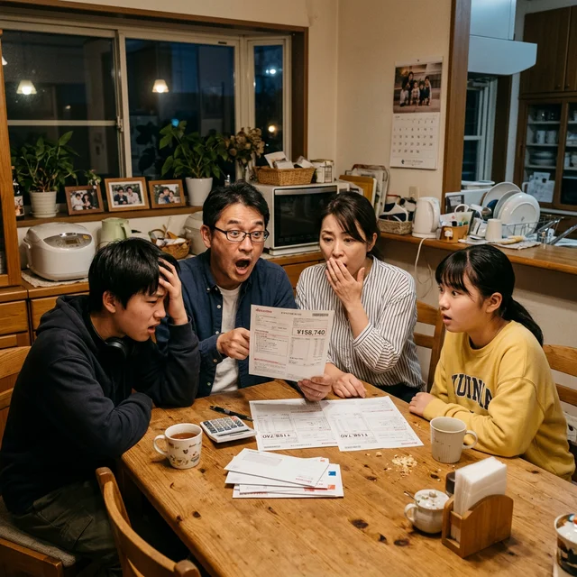 家族4人がスマホの通信費請求書に驚く様子