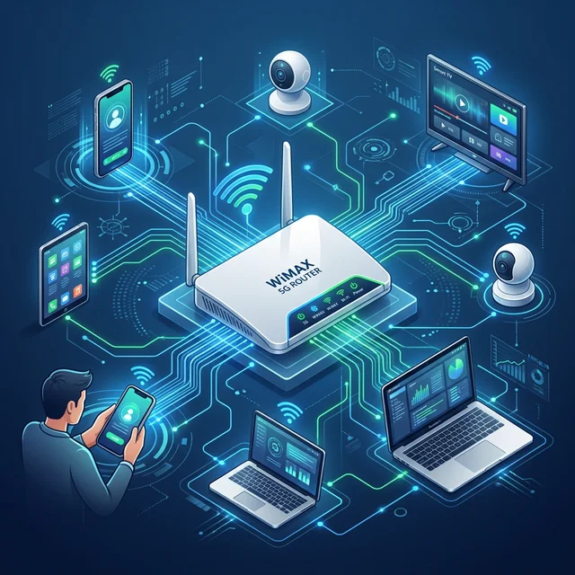 WiMAXルーターを中心に複数デバイスが接続されるイメージ