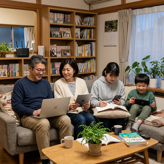 家族がリビングで笑顔でWi-Fiを使う様子