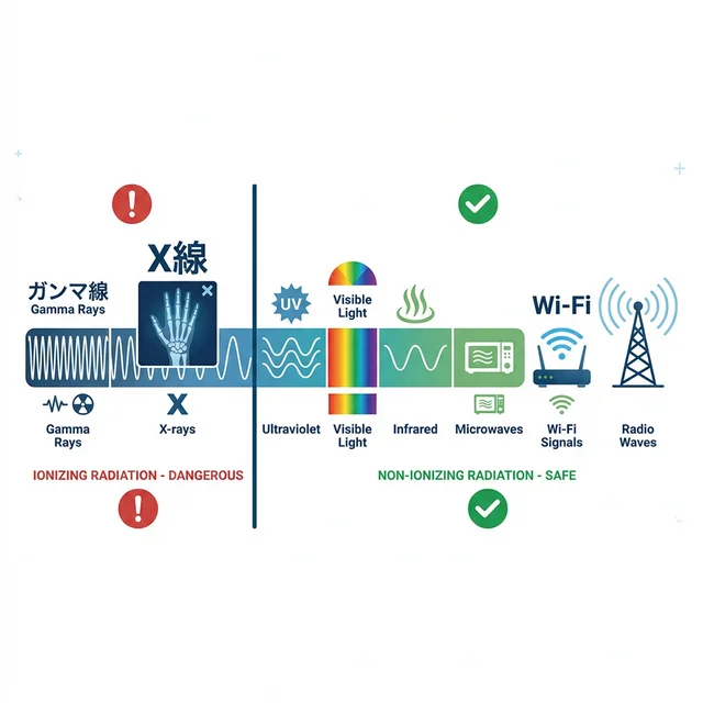 電離放射線と非電離放射線の違いを示す電磁波スペクトラム概念図