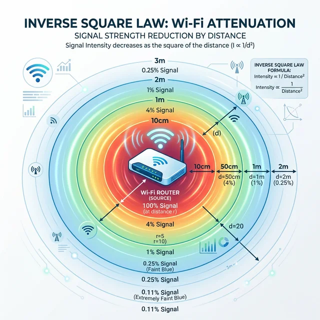 Wi-Fiルーターからの距離による電磁波減衰を示す逆2乗の法則の概念図