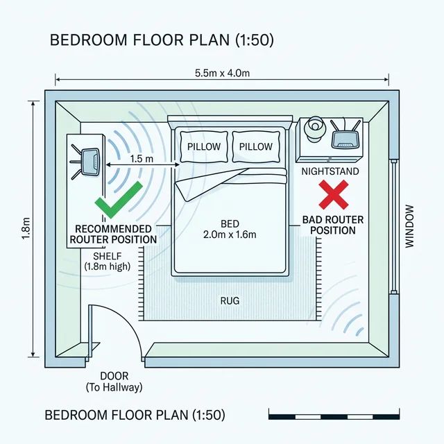 寝室でのWi-Fiルーター推奨配置図：枕元から離して棚の上に設置