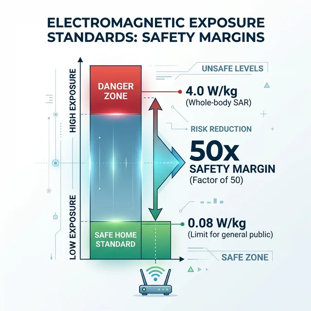 総務省の電波防護指針における50倍の安全マージン概念図