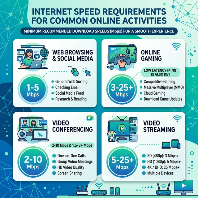 用途別のインターネット速度要件を示すインフォグラフィック