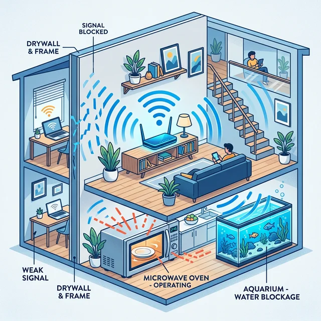 Wi-Fiルーターの設置場所と電波干渉の図解