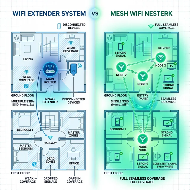 中継器とメッシュWi-Fiのカバーエリア比較図