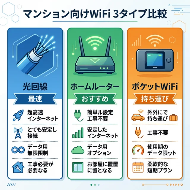 光回線・ホームルーター・ポケットWiFiの3種類比較イラスト