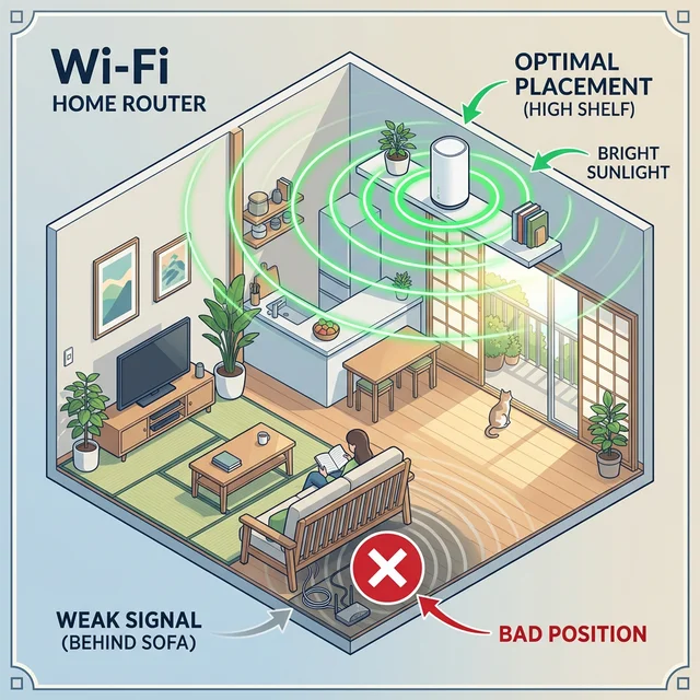 ルーターを窓際の高い位置に設置する最適配置の図解