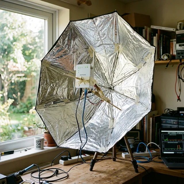アルミホイルで自作したパラボラアンテナの実験イメージ