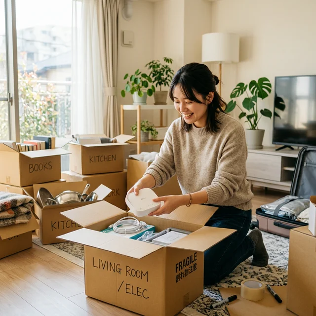 WiMAXルーターを引っ越し荷物と一緒に梱包する場面