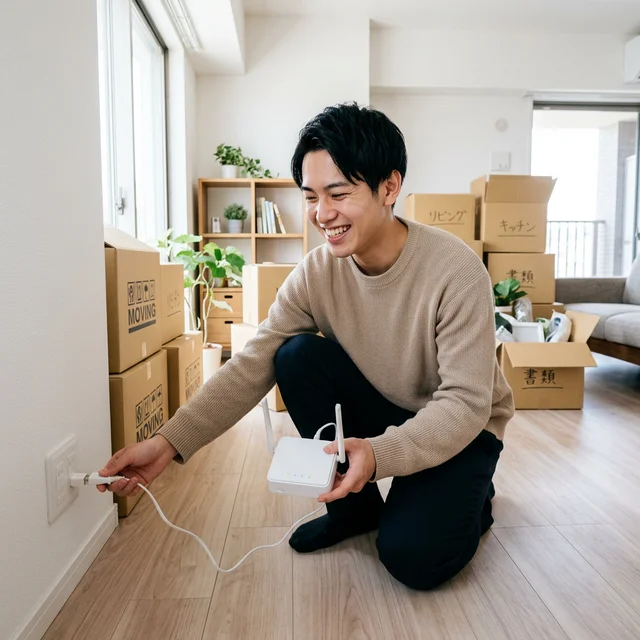 新居のコンセントにWiMAXルーターを挿す場面