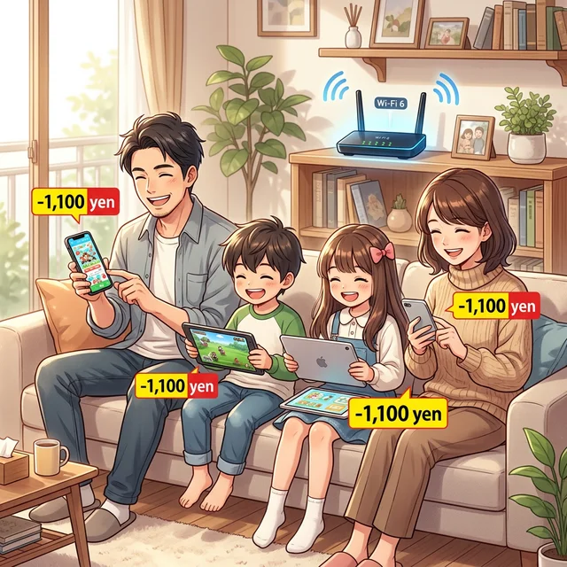 家族4人のスマホセット割で通信費大幅節約のイメージ