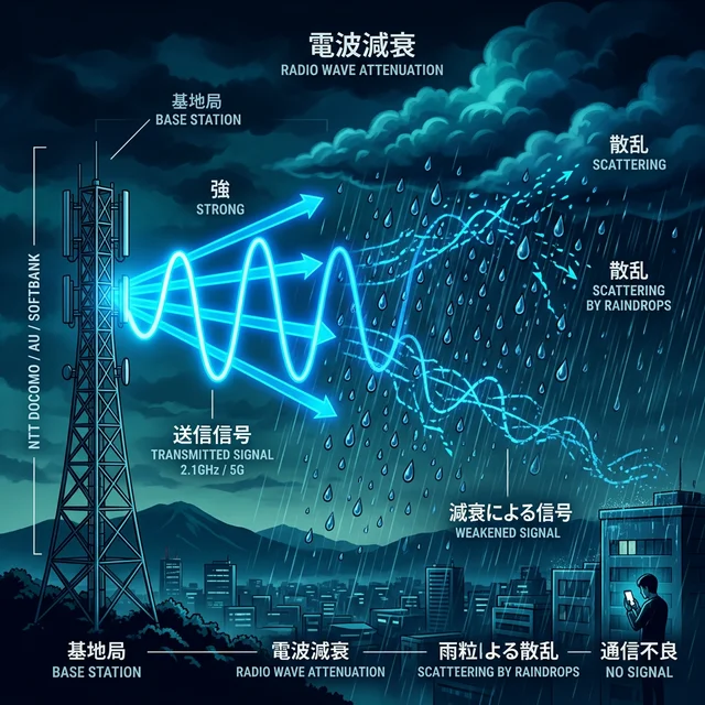 降雨減衰のメカニズム：基地局からの電波が雨粒に吸収・散乱されて弱まる様子